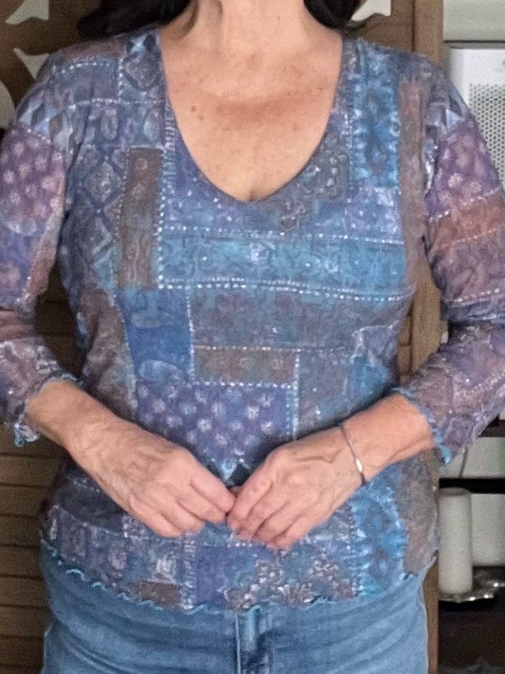 therapy Patchwork-Style V-Neck Blouse in Blue and Purple